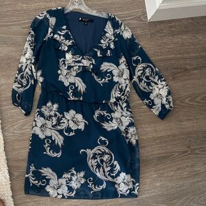 Nine West Teal and White Floral Long Sleeve Dress